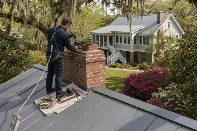 A harnessed technician examining the top of a two-flue brick chimney on a steep metal roof with a flashlight from a dry roof surface; illustrative image