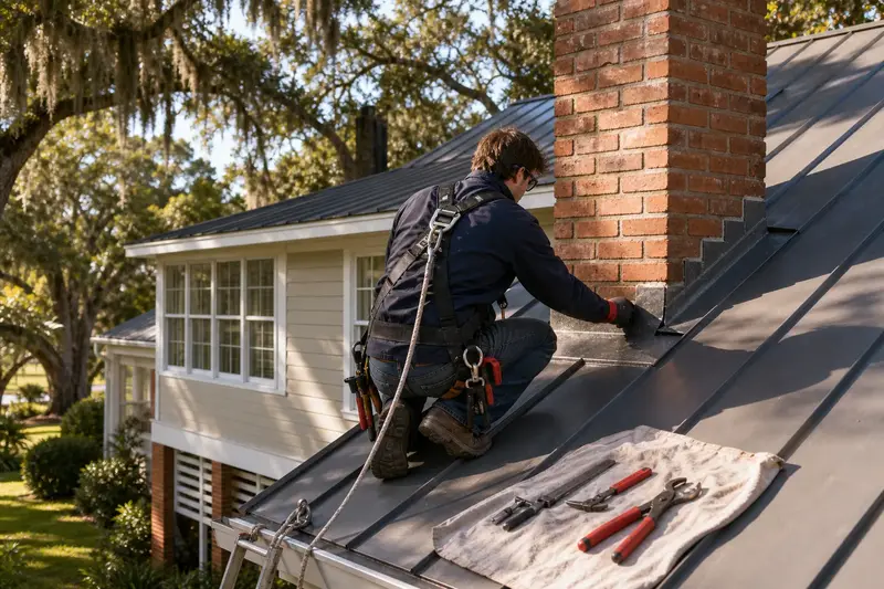 A harnessed technician checking the step flashing where an exterior end brick chimney on a gable roof meets the roof; illustrative image