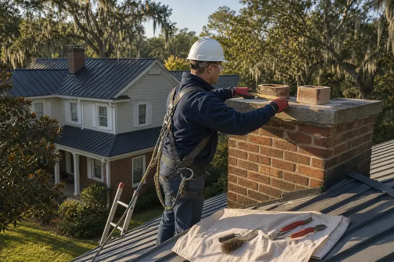 A harnessed mason measuring the crown of a two-flue brick chimney on a steep metal roof with a folding rule; illustrative image