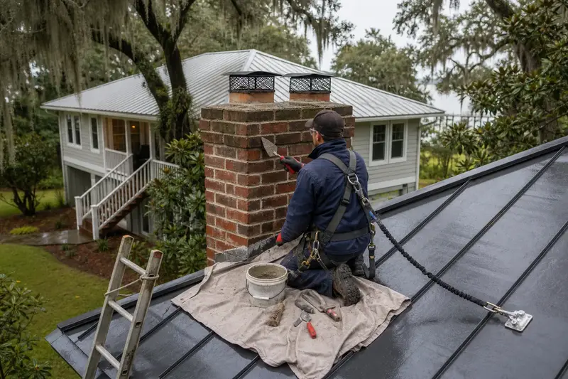 A harnessed mason repointing mortar joints on a two-flue brick chimney on a steep metal roof with a pointing trowel; illustrative image