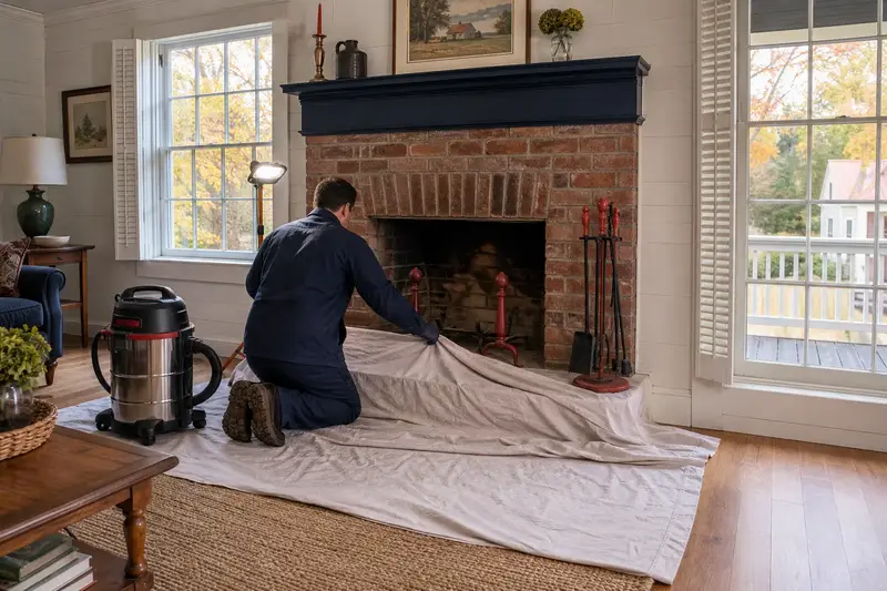 A technician laying drop cloths before servicing an open masonry wood-burning fireplace, the fireplace cold; illustrative image