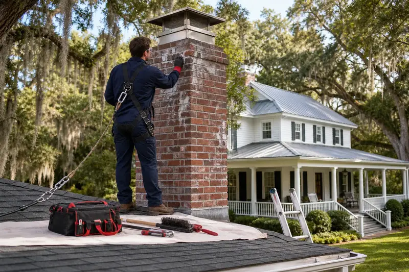 A harnessed technician examining the brick of a brick chimney with a stainless steel cap on an asphalt shingle roof on a damp day; illustrative image