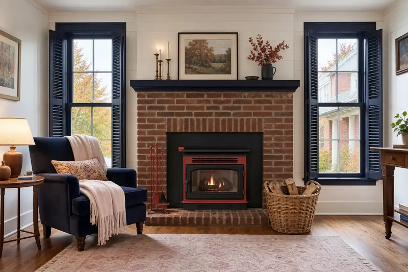 A comfortable hearth room with a wood-burning insert in a brick opening, a reading chair, a wool throw and split firewood, no one present; illustrative image