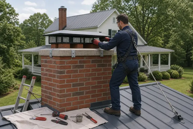 A harnessed technician fastening a multi-flue cap over the crown of a red brick chimney with a concrete crown on a metal roof; illustrative image