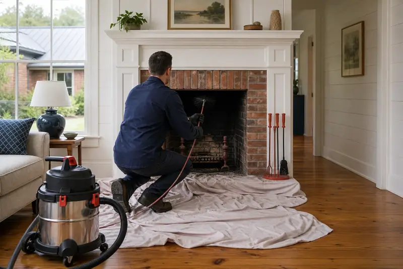 A technician feeding a rotary chimney brush up the flue of an open masonry wood-burning fireplace, drop cloths and a sealed vacuum on the hearth; illustrative image