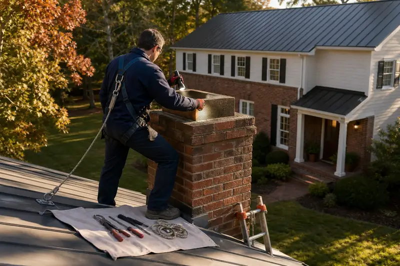 A harnessed technician examining the top of an exterior end brick chimney on a gable roof with a flashlight from a dry roof surface; illustrative image
