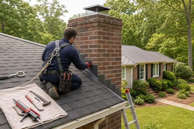A harnessed technician checking the step flashing where a brick chimney with a stainless steel cap on an asphalt shingle roof meets the roof; illustrative image