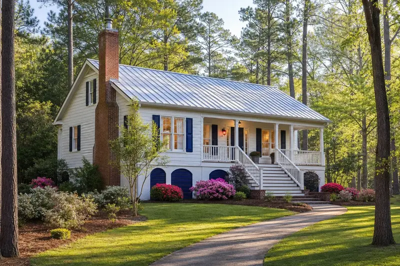 A 1980s raised coastal house with lap siding and a metal roof with a brick chimney with a stainless steel cap on an asphalt shingle roof rising above the roof; illustrative image