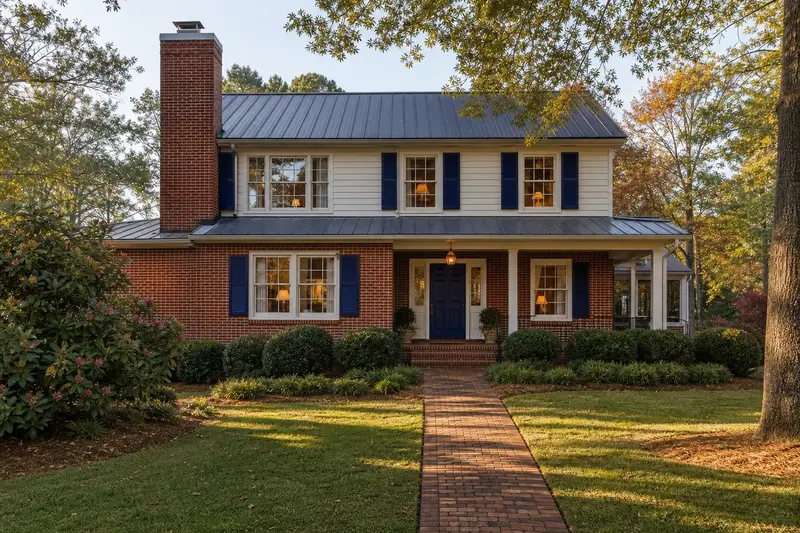 A 1980s two-story brick-and-siding suburban house with a red brick chimney with a concrete crown on a metal roof and neat mortar joints; illustrative image