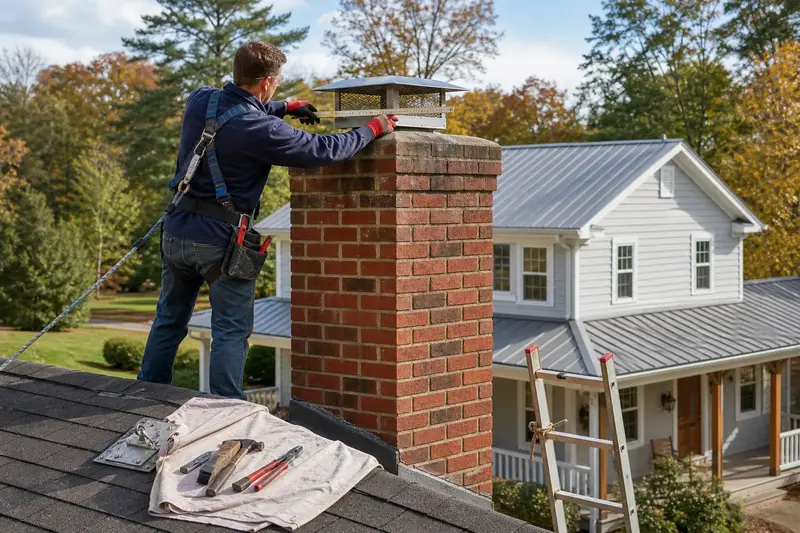 A harnessed mason measuring the crown of a brick chimney with a stainless steel cap on an asphalt shingle roof with a folding rule; illustrative image
