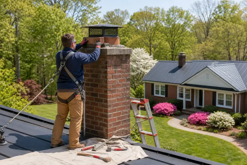 A harnessed mason setting a replacement brick near the top of an exterior end brick chimney on a gable roof; illustrative image