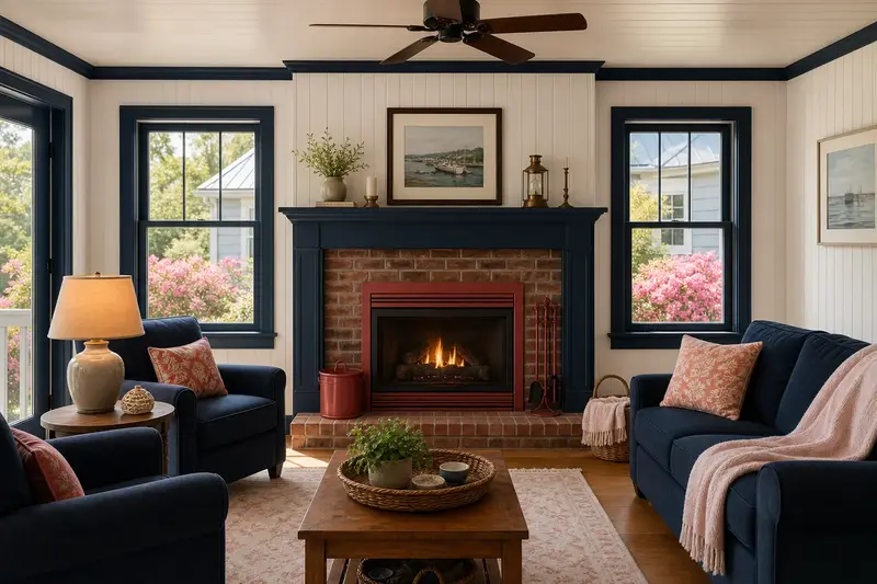 A warm living room with a direct-vent gas fireplace glowing softly behind its glass, no one present; illustrative image
