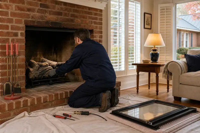 A technician checking the burner and log placement of a vented gas log set in a masonry firebox with the gas off and the glass set aside; illustrative image