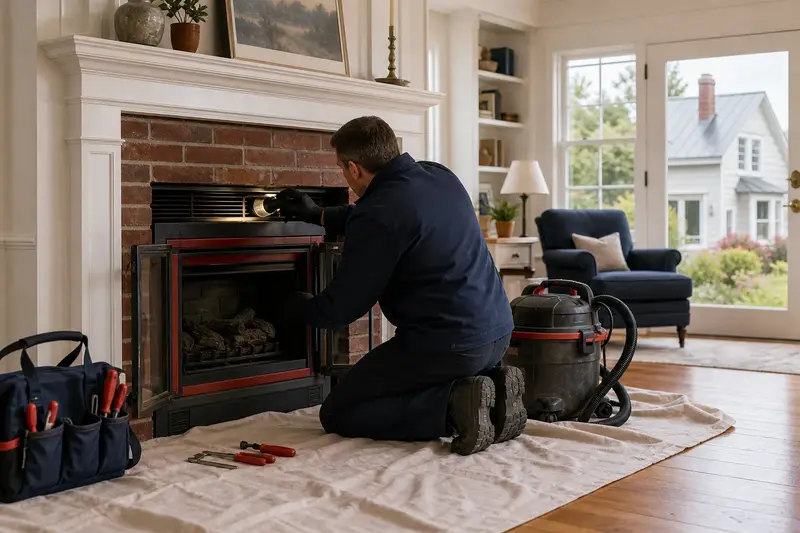 A technician checking the damper of a gas insert set in a brick opening with a flashlight before the heating season, the fireplace cold; illustrative image