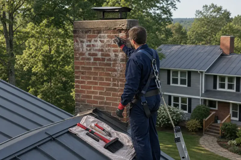 A harnessed technician examining the brick of an exterior end brick chimney on a gable roof on a damp day; illustrative image