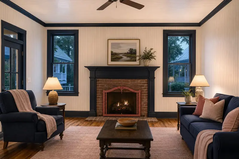 An empty, freshly painted living room with a direct-vent gas fireplace awaiting new owners; illustrative image