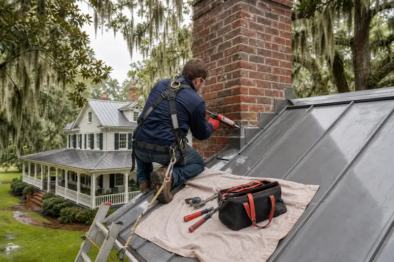 A harnessed technician sealing the step flashing where an exterior end brick chimney on a gable roof meets the roof; illustrative image