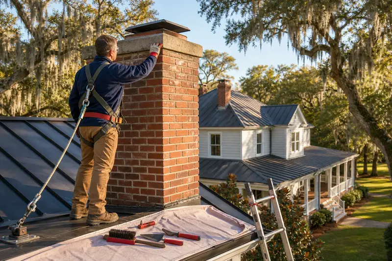 A harnessed mason examining the upper courses of a red brick chimney with a concrete crown on a metal roof with a gloved hand; illustrative image