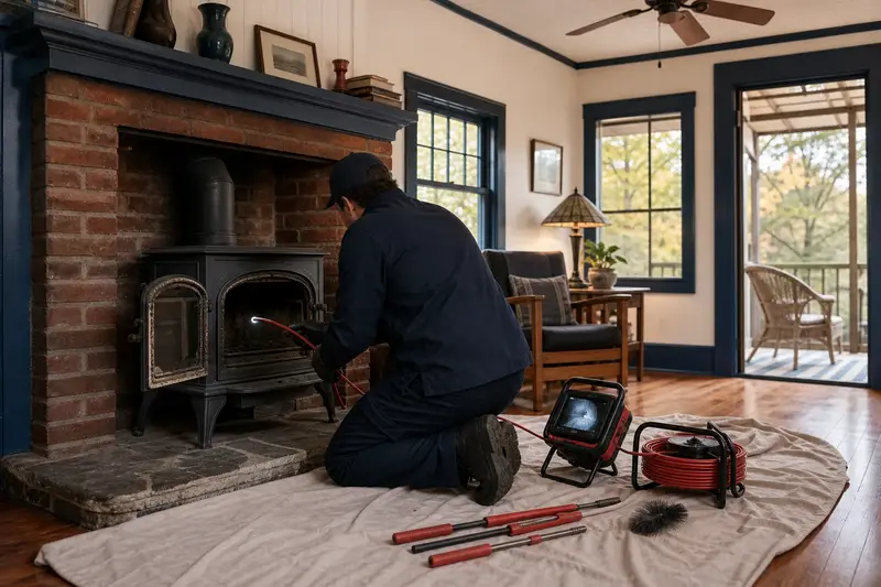 A technician guiding an inspection camera into the smoke chamber of a cast-iron wood stove on a stone hearth pad, the fireplace cold and unlit; illustrative image