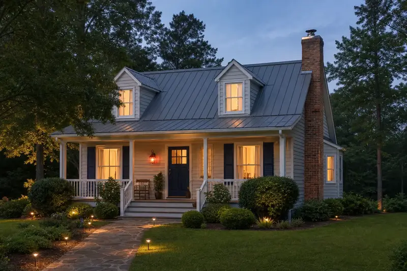 A 1990s raised coastal house with lap siding and a metal roof with an exterior end brick chimney on a gable roof topped by a new stainless steel cap; illustrative image
