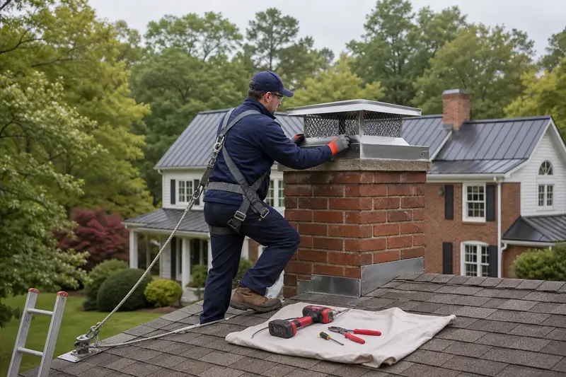 A harnessed technician setting a stainless steel mesh chimney cap onto a brick chimney with a stainless steel cap on an asphalt shingle roof; illustrative image