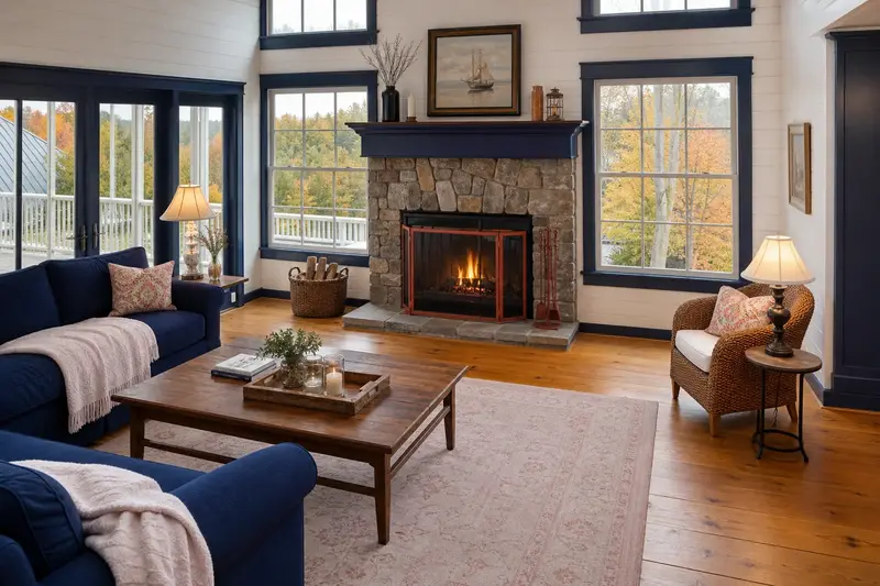 A living room with a factory-built wood-burning fireplace with a stone facing and a small fire behind a screen, no one present; illustrative image