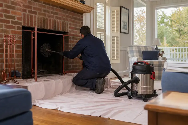 A technician kneeling at an open masonry wood-burning fireplace with a sealed vacuum and drop cloths, the fireplace cold and unlit; illustrative image