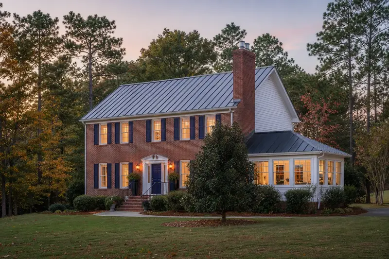 A 1990s two-story brick-and-siding suburban house with a two-flue brick chimney on a steep metal roof and a stainless steel cap; illustrative image