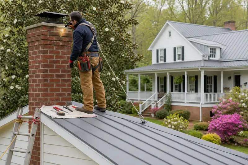 A harnessed technician examining the top of an exterior end brick chimney on a gable roof with a flashlight from a dry roof surface; illustrative image