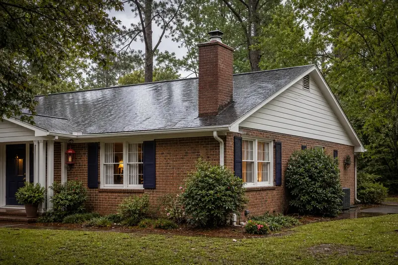 A 1990s brick ranch house after a heavy rain with a brick chimney with a stainless steel cap on an asphalt shingle roof, wet roofs and clear gutters; illustrative image