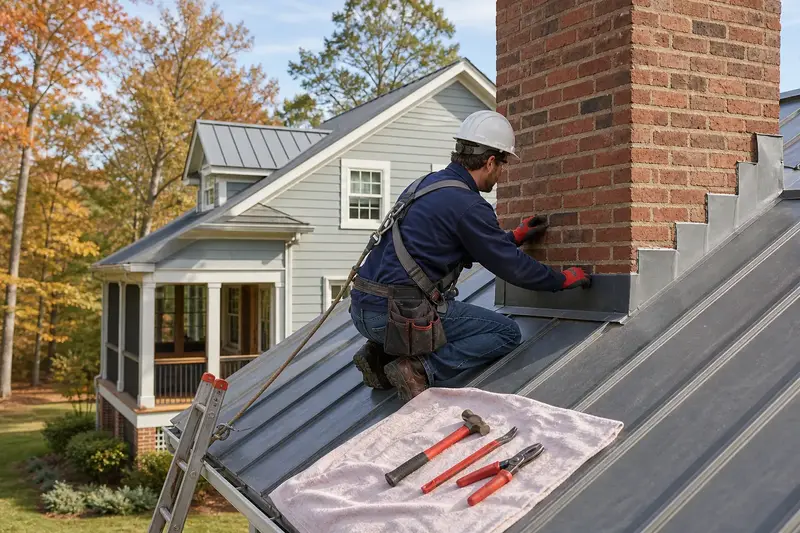 A harnessed technician checking the step flashing where an exterior end brick chimney on a gable roof meets the roof; illustrative image