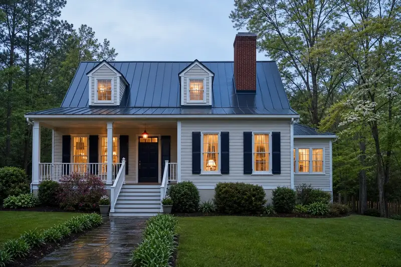 A 1990s raised coastal house with lap siding and a metal roof with a red brick chimney with a concrete crown on a metal roof and neat mortar joints; illustrative image