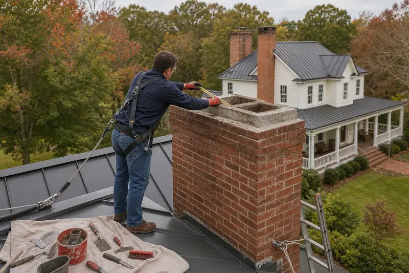 A harnessed mason measuring the crown of a two-flue brick chimney on a steep metal roof with a folding rule; illustrative image