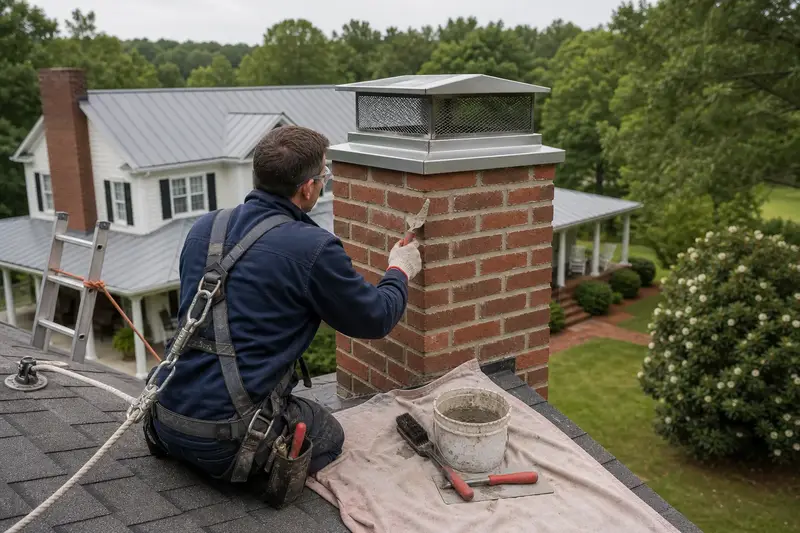 A harnessed mason repointing mortar joints on a brick chimney with a stainless steel cap on an asphalt shingle roof with a pointing trowel; illustrative image