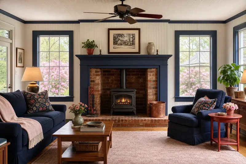 A warm living room with a freestanding gas stove glowing softly behind its glass, no one present; illustrative image