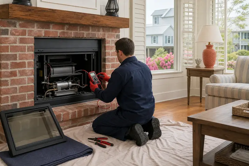 A technician kneeling at a direct-vent gas fireplace with the glass front removed, testing the controls with a multimeter; illustrative image