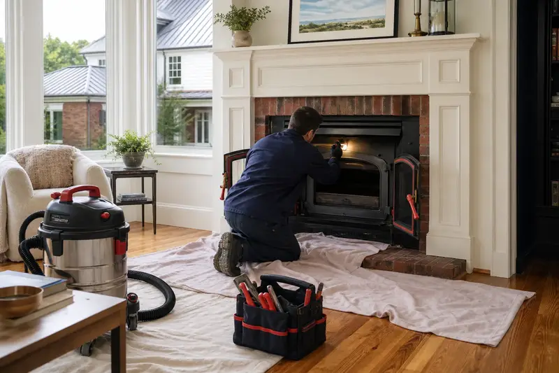 A technician checking the damper of a wood-burning insert in a brick opening with a flashlight before the heating season, the fireplace cold; illustrative image