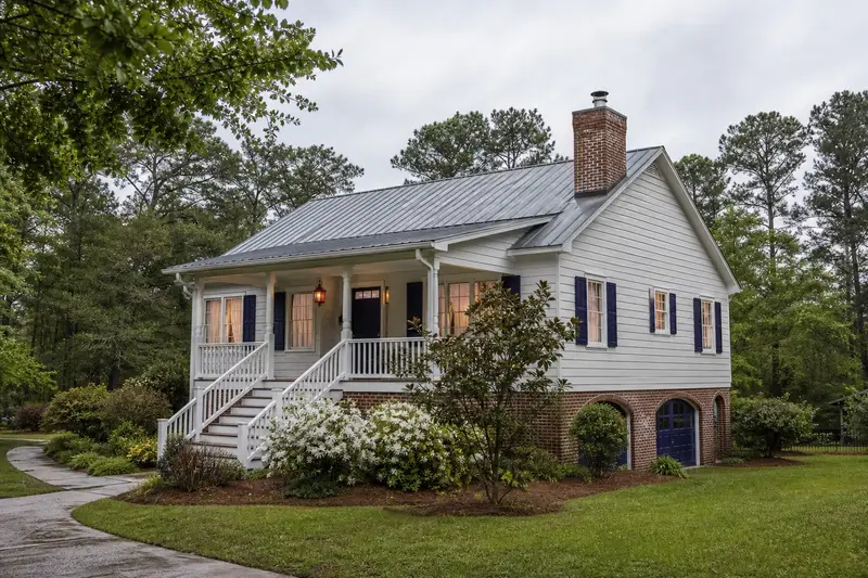 A 1990s raised coastal house with lap siding and a metal roof with a brick chimney with a stainless steel cap on an asphalt shingle roof of clean red brick; illustrative image