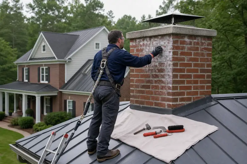 A harnessed technician examining the brick of a red brick chimney with a concrete crown on a metal roof on a damp day; illustrative image