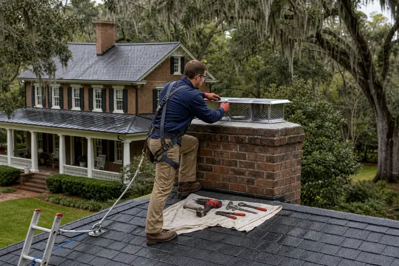A harnessed technician fastening a multi-flue cap over the crown of a brick chimney with a stainless steel cap on an asphalt shingle roof; illustrative image