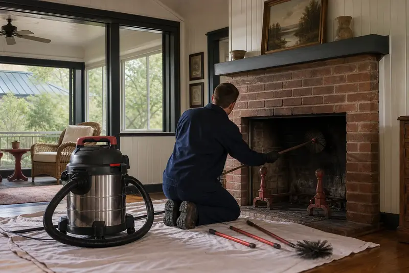 A technician feeding a rotary chimney brush up the flue of an open masonry wood-burning fireplace, drop cloths and a sealed vacuum on the hearth; illustrative image