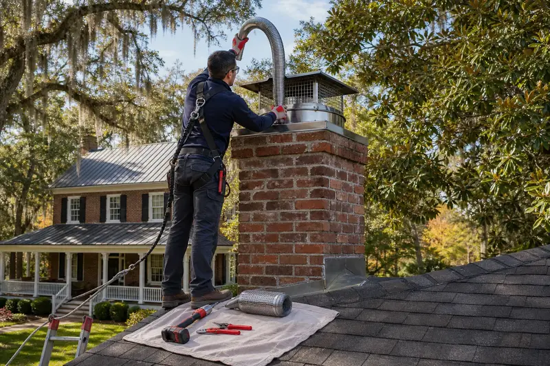 A harnessed technician guiding a flexible stainless steel liner down into the flue at the top of a brick chimney with a stainless steel cap on an asphalt shingle roof; illustrative image