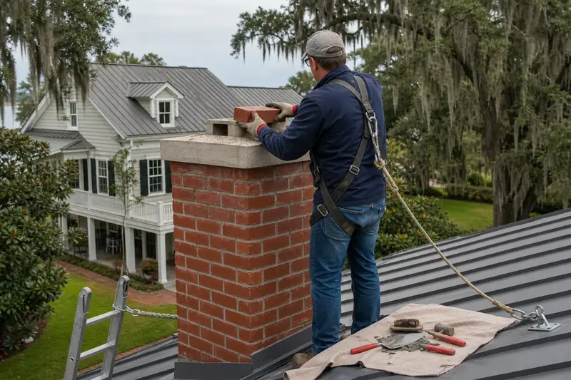 A harnessed mason setting a replacement brick near the top of a red brick chimney with a concrete crown on a metal roof; illustrative image