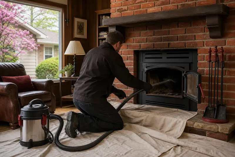 A technician kneeling at a cast-iron wood stove on a stone hearth pad with a sealed vacuum and drop cloths, the fireplace cold and unlit; illustrative image