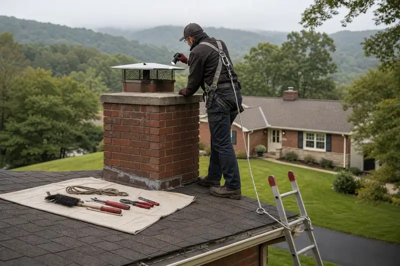 A harnessed technician examining the top of a two-flue brick chimney with a stainless steel cap with a flashlight from a dry roof surface; illustrative image