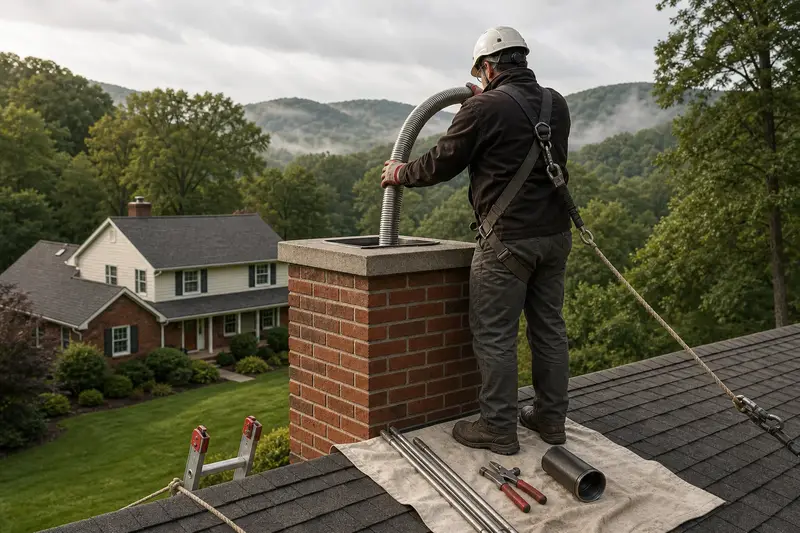 A harnessed technician guiding a flexible stainless steel liner down into the flue at the top of a red brick chimney with a concrete crown on an asphalt shingle roof; illustrative image