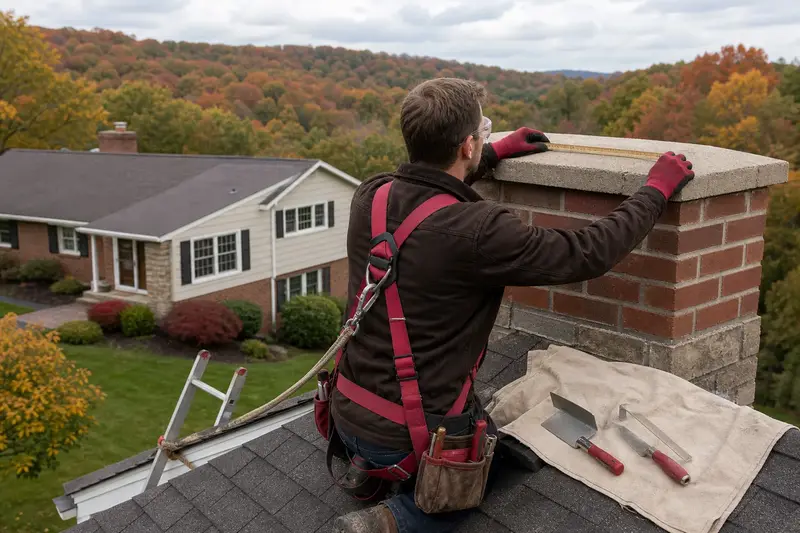 A harnessed mason measuring the crown of an exterior end brick chimney on a gable roof with a folding rule; illustrative image