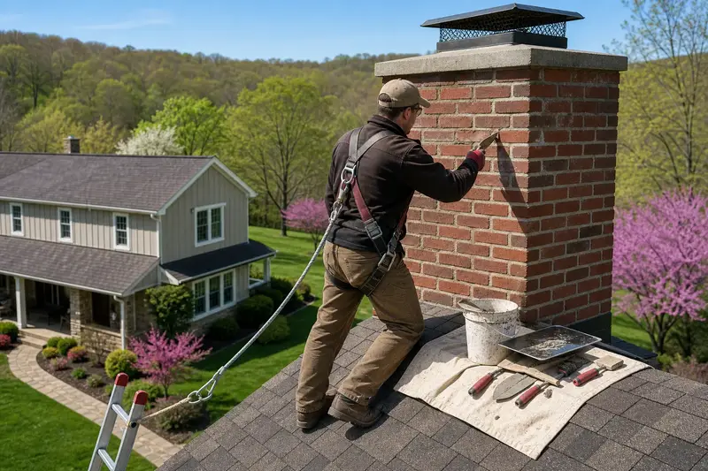 A harnessed mason repointing mortar joints on an exterior end brick chimney on a gable roof with a pointing trowel; illustrative image