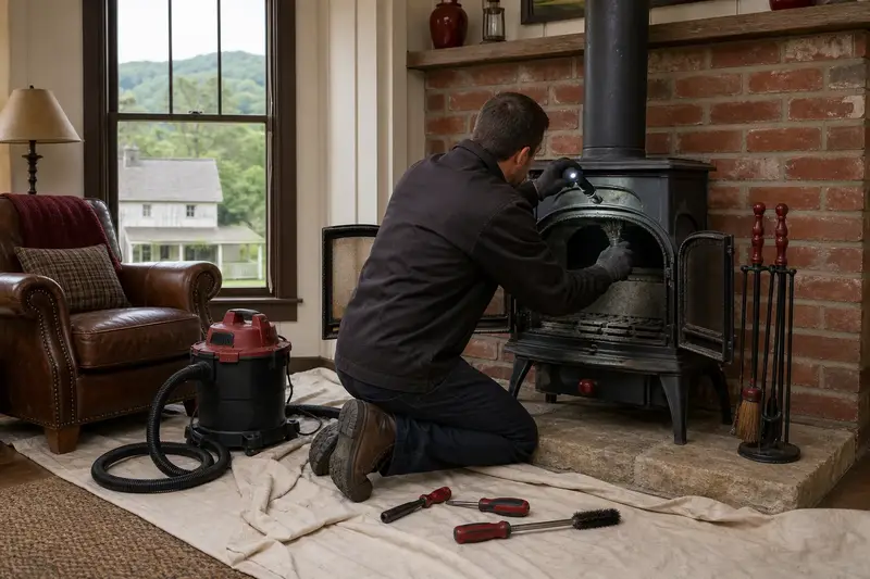A technician checking the damper of a cast-iron wood stove on a stone hearth pad with a flashlight before the heating season, the fireplace cold; illustrative image