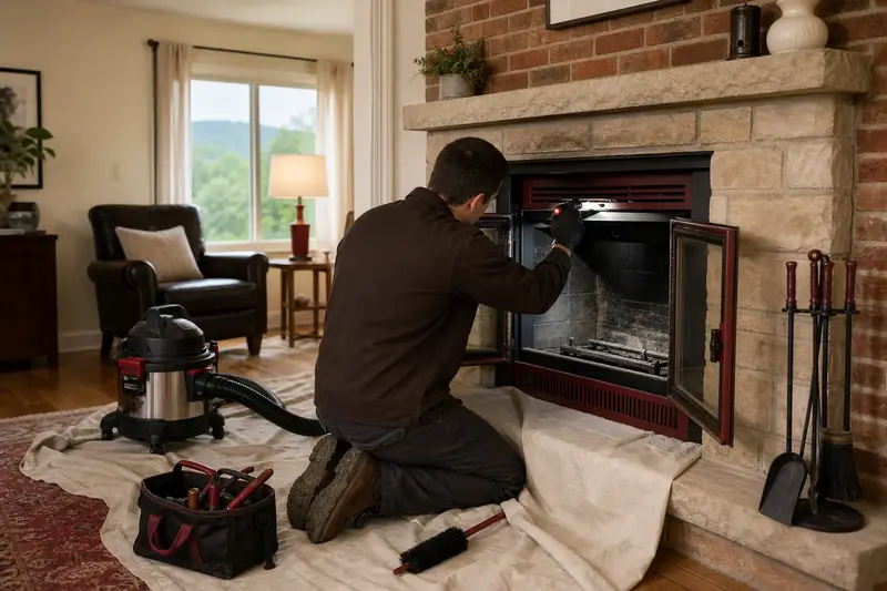 A technician checking the damper and smoke chamber of a wood-burning insert in a brick opening by flashlight, the fireplace cold; illustrative image
